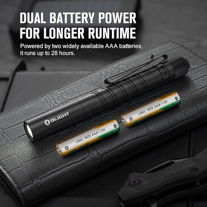 OLIGHT I3T Plus 250 Lumens EDC Pocket Slim Flashlight with 2 AAA Batteries and a PMMA Optic Lens, Tail-switch LED Flashlight with Dual Direction Pocket Clip for Camping, Outdoor, and Emergency (Black)