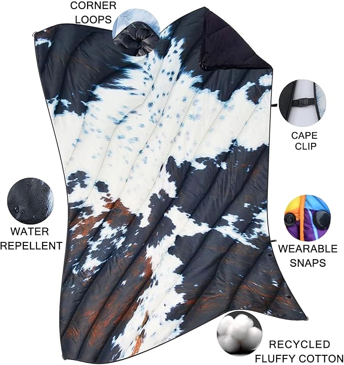 Camping Blanket, Puffy Waterproof Travel Blanket, Warm Cozy Picnic Blanket, for Outdoors, Travel, and Mountain.(Cow, 78" x 56")