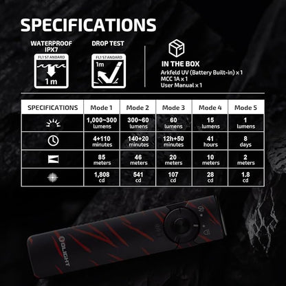 OLIGHT Arkfeld UV Light with 1000 Lumens White LED Flashlight, Rechargeable EDC Blacklight Flashlights for Pet, Clean, Hunting (Black Lava)