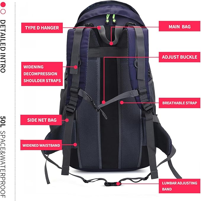 Bseash 50L Hiking Backpack, Water Resistant Lightweight Outdoor Sport Daypack Travel Bag for Camping Climbing Touring (Dark Purple - With Shoe Compartment)