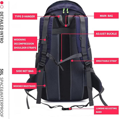 Bseash 50L Hiking Backpack, Water Resistant Lightweight Outdoor Sport Daypack Travel Bag for Camping Climbing Touring (Dark Purple - With Shoe Compartment)
