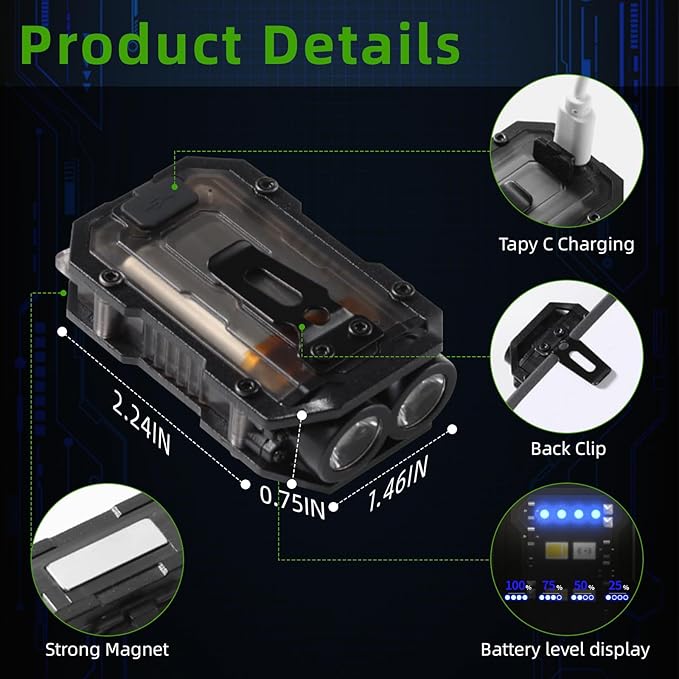 Clip on Flashlight, Rechargeable Mini EDC Keychain Flashlight, IP65 Waterproof, Side Tail Magnet, for Running/Camping/Fishing/Night Work, USB C Charging Warning Flash Light, Black