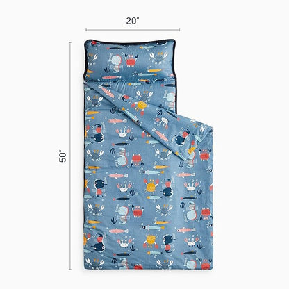 Wake In Cloud - Toddler Nap Mat with Pillow and Blanket, 100% Cotton Fabric, for Kids Boys Girls in Daycare Kindergarten Preschool, Roll Up Sleeping Bag, Blue Sea World, Standard