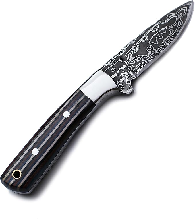 Handmade Damascus Steel Knife for Hunting,Survival,Camping,Bushcraft,and Fishing,Fixed Blade with Drop Point Full Tang Micarta Handle, Leather Sheath - WKD-808