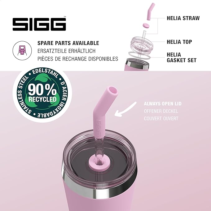 SIGG - Insulated Mug - Travel Mug Helia - With Durable Glass Straw & Cleaning Brush - Leakproof - BPA Free - 18/8 Stainless Steel - 15oz/20oz