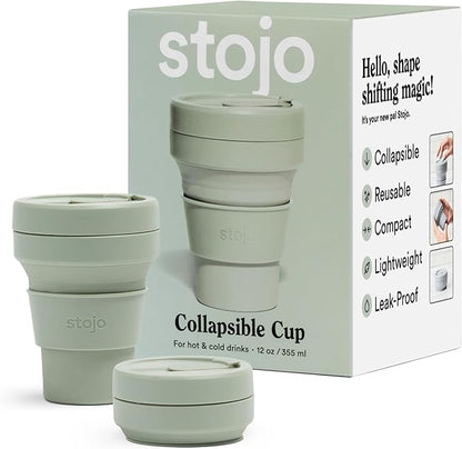 STOJO Collapsible Travel Cup - Sage Green, 12oz / 355ml - Leak-Proof Reusable To-Go Pocket Size Silicone Bottle for Hot & Cold Drinks - Camping & Hiking - Dishwasher Safe - No Straw Included