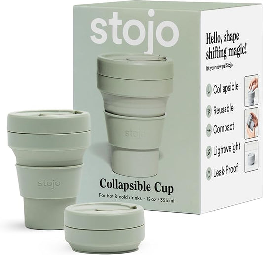 STOJO Collapsible Travel Cup - Sage Green, 12oz / 355ml - Leak-Proof Reusable To-Go Pocket Size Silicone Bottle for Hot & Cold Drinks - Camping & Hiking - Dishwasher Safe - No Straw Included