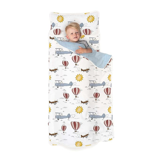 JumpOff Jo - Extra Long Toddler Nap Mat for Preschool, Daycare and Kindergarten - Sleeping Bag for Kids with Removable Pillow and Ultra Soft Blanket - Travel, Take Flight