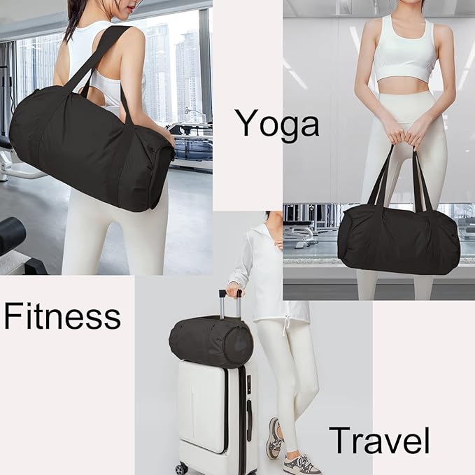 Small Sport Gym Bag for Adults, 25L Waterproof Duffle Bag with Wet and Dry Compartment Foldable Gym Tote Bag for Workouts, Sports, Travel (Black)