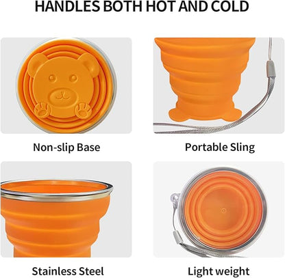 2 PCS Collapsible Cup - Silicone Small Foldable Cup-Expandable Folding Drinking Cup -Reusable Portable Mugs Cup with Lids For Travel, Camping, Hiking, Survival, Holiday Vacation White+Orange