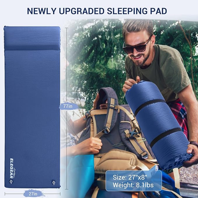 Elegear Self Inflating Sleeping Pad, 3.1" Ultra-Thick Memory Foam Camping Pad with Pillow Fast Inflating in 20s Insulated Camping Mattress Pad 4-Season Camp Sleeping Mat for Camping/Travel/Car/Tent