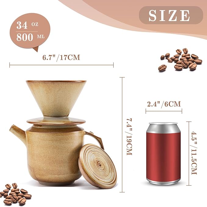 Pour Over Coffee Maker Set,with Lid and V60 Paper Coffee Fliters 20 Counts,High Heat Resistant Vintage Coffee Carafe Dripper Set for Home Café Restaurant Camping Hiking,34 Oz(Yellow)
