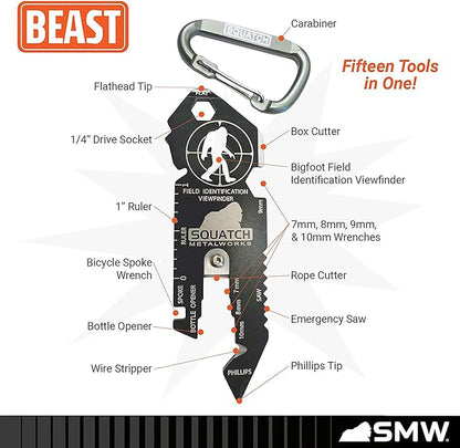 BEAST & BRUTE Combo Pack - Multi-Tool & Bottle Opener, Bigfoot gift for fans of Sasquatch, Yeti, Camping, Hiking - With Screwdriver, Wrench, Carabiner, Box Opener, 1/4" Drive