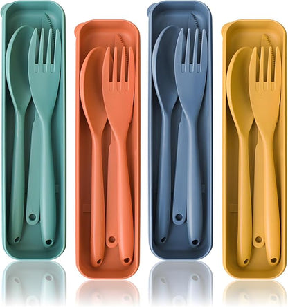 Lnrkai Large Reusable Utensil Set with Case, 4 Sets Portable Plastic Spoons Fork Knife Camping Utensils Silverware for Lunch Box Accessories for Kids Adults Travel Picnic Camping Use(Dark Color)