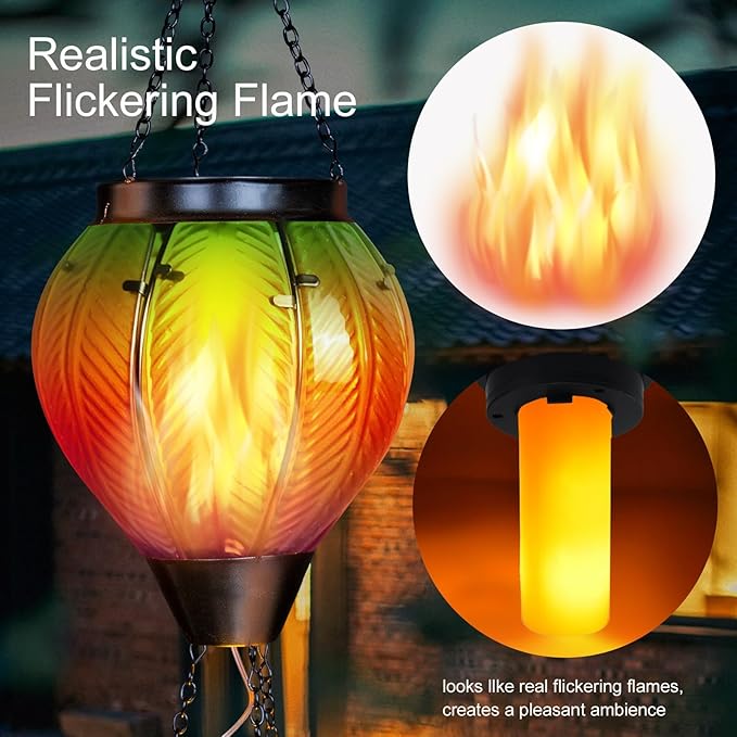Hot Air Balloon Solar Lantern with Candle Holder Glass Solar Hot Air Balloon Lantern with Flame Solar Hanging Hot Air Balloons Decor for Trees Patio Garden Yard Porch Decor, Multi-Color