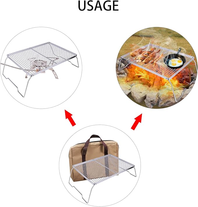 REDCAMP Folding Campfire Grill 304 Stainless Steel Grate, Heavy Duty Portable Camping Grill with Carrying Bag, Silver Large Mesh