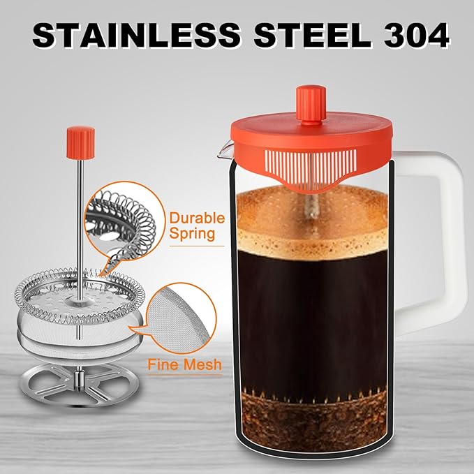 YOLIFE French Press Coffee Maker, 34 oz / 4 Cup Coffee Tea Press with Heat-resistant Borosilicate Glass, 4-Level Filtration Systems, Cold Brew Coffee Maker for Camping Travel Gifts, White and Orange