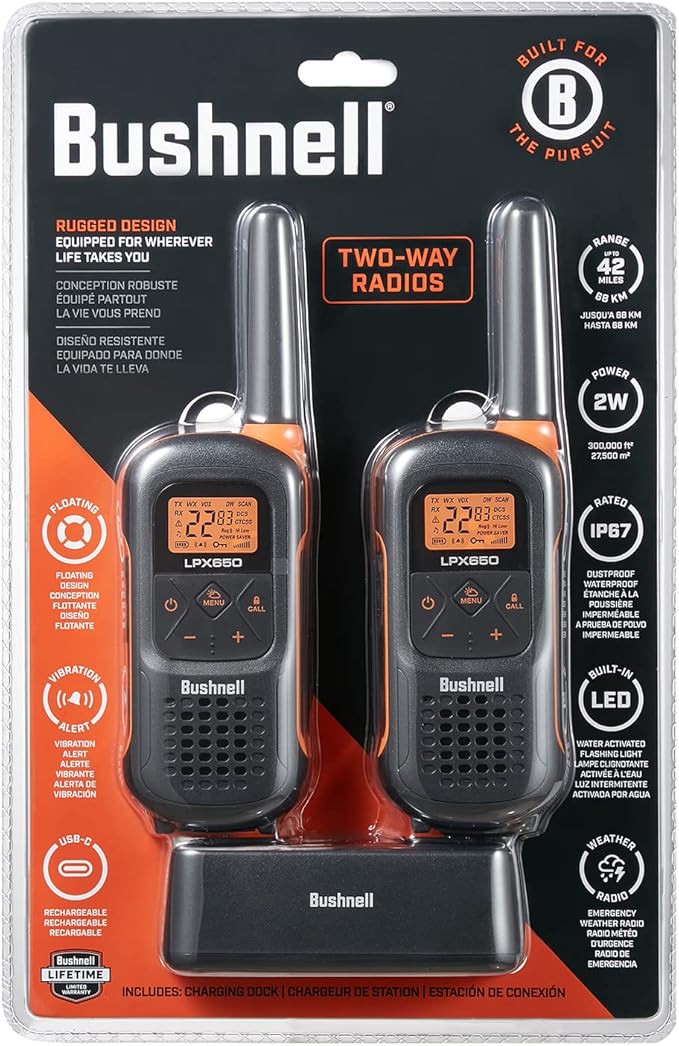 New Bushnell LPX650 Walkie Talkies - Waterproof Long Range Two Way Radios, IP67 Rugged Floating Design, USB-C Rechargeable - Equipped for Wherever Life Takes You (2 Pack)