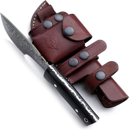 Handmade Damascus Steel Knife for Hunting, Survival, Camping, Bushcraft, Fishing, Fixed Blade, Tracker Knife with Full Tang Micarta Handle, Leather Sheath and Sharpening Stone - WKD-799