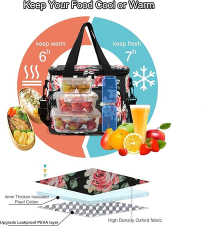 Femuar Lunch Bags for Women/Men, Insulated Lunch Bag for Work Office Picnic - Lunch Cooler Bag Leakproof Lunch Box with Adjustable Shoulder Strap - Black Floral