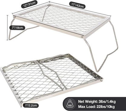 REDCAMP Folding Stainless Campfire Grill Heavy Duty Steel Grate, Portable Camp Fire Cooking Racks for Over Fire Pit