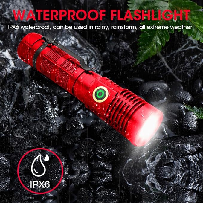Rechargeable Flashlight High Lumens, 12000 High Lumens Super Bright Flash Light, 1500 Meter Long-Range Zoomable LED Flashlights for Emergency, EDC, Searching, Waterproof Flashlight Dimmable Red 2Pcs