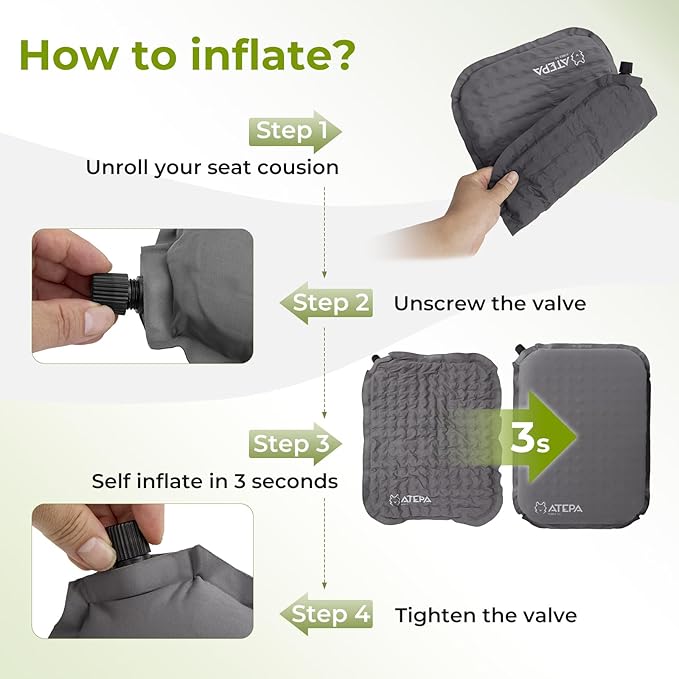 ATEPA Inflatable Seat Cushion Lightweight Self-Inflatable Memory Foam Seat Cushion for Stadium Airplane Trevel, Waterproof Portable Seat Cushion Best for Backpacking Camping Chair Pad, Grey