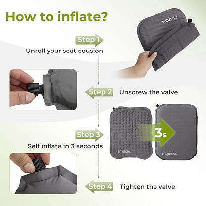 ATEPA Inflatable Seat Cushion Lightweight Self-Inflatable Memory Foam Seat Cushion for Stadium Airplane Trevel, Waterproof Portable Seat Cushion Best for Backpacking Camping Chair Pad, Grey