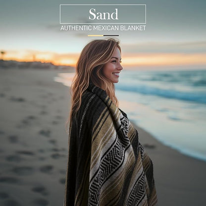 Authentic Large Handwoven Mexican Blanket - Soft Yoga Blanket - Durable Serape Blanket - Lightweight Falsa Blanket, Beach Blanket, Camping Blanket, Picnic Blanket, Outdoor Blanket 70"x50" - Sand