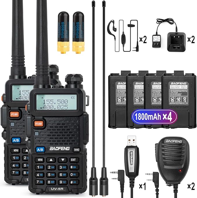 BaoFeng Radio UV-5R 2-Pack Walkie Talkies Include 4 Batteries, Handheld Ham Radio with Greaval GV-771 High Gain Antenna and Programming Cable (Black)
