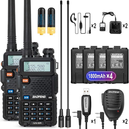 BaoFeng Radio UV-5R 2-Pack Walkie Talkies Include 4 Batteries, Handheld Ham Radio with Greaval GV-771 High Gain Antenna and Programming Cable (Black)