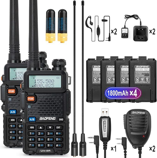 BaoFeng Radio UV-5R 2-Pack Walkie Talkies Include 4 Batteries, Handheld Ham Radio with Greaval GV-771 High Gain Antenna and Programming Cable (Black)