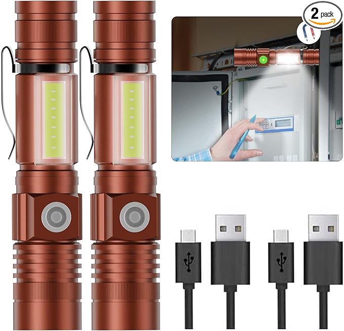 Flashlight USB Rechargeable, Magnetic LED Flashlight, Super Bright LED Tactical Flashlight with Cob Sidelight, 2000LM, Waterproof, Zoomable Best Small LED Flashlight for Camping, Emergency - Brwon
