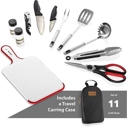 11 Piece Camp Kitchen Cooking Utensil Set Travel Organizer Grill Accessories Compact Gear for Backpacking BBQ Camping Hiking and Travel Black