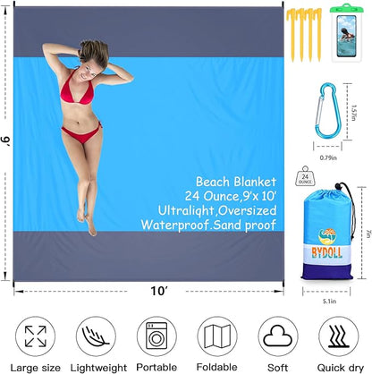 BYDOLL Beach Blanket Waterproof Sandproof 78''×81'' 1-7 Adults Oversized Lightweight Large Picnic Mat Waterproof Sandproof Blanket for Beach