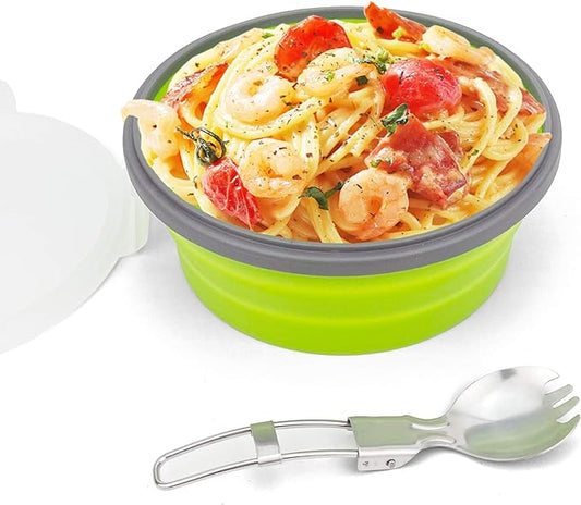 1200ml Collapsible Camping Bowl Silicone Food Storage Container with Lid and Foldable Stainless Steel Fork Spoon, for Picnic, Travel, Camping, RV, Fridge and Microwave Bowls