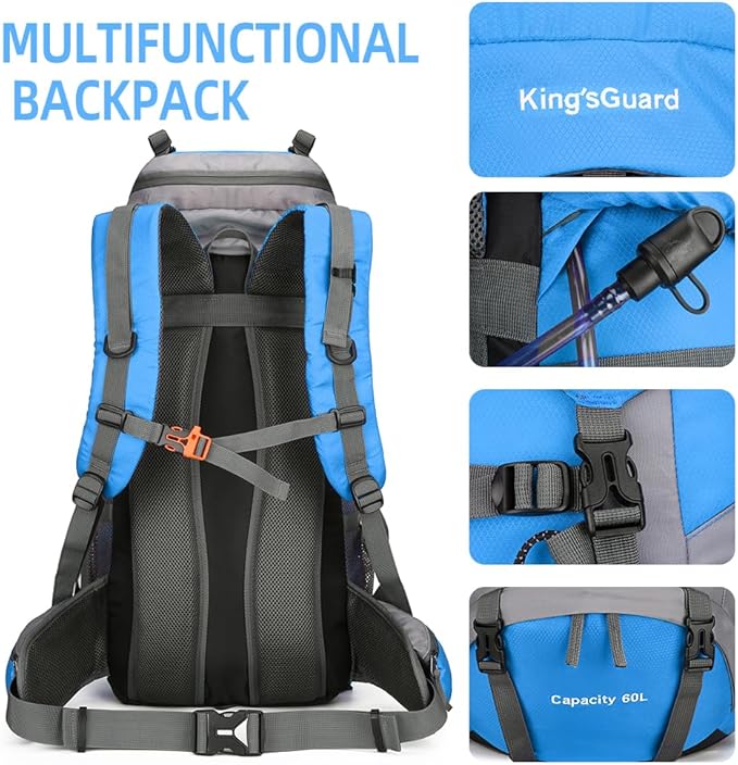 King'sGuard 60L Hiking Backpack Men Women Camping Backpack Waterproof Backpacking Mountaineering Climbing Daypack with Rain Cover (Blue)