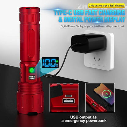 Flashlights 20000 High Lumens Rechargeable - 1500 Meters Long Beam Super Bright LED Flash Light with Power Display & IPX5 Waterproof for Camping, 20H Runtime,5 Modes,Zoomable Handheld Flashlight -Red