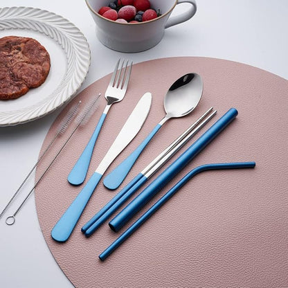 Travel Utensils with Case，Reusable Travel Cutlery Set with Case Stainless Steel Flatware Set for Camping 8pcs Including Dinner Knife Fork Spoon Chopsticks Boba Straw (Shining Blue)