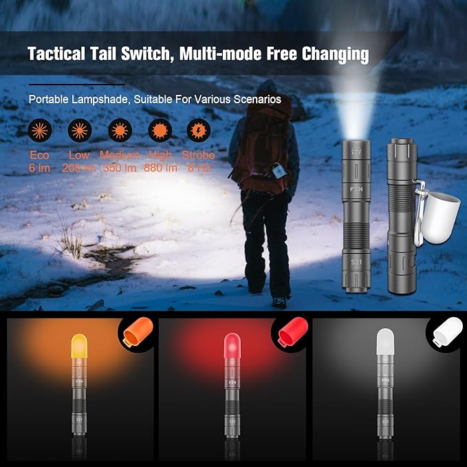 FZH S21 Rechargeable LED Flashlight 880 Lumen Mini EDC Tail Switch Flashlight (Powered by USB Rechargeable Battery), Slim Pocket Flash Light with On/Off Locking Mode for Camping, Outdoor, Emergency