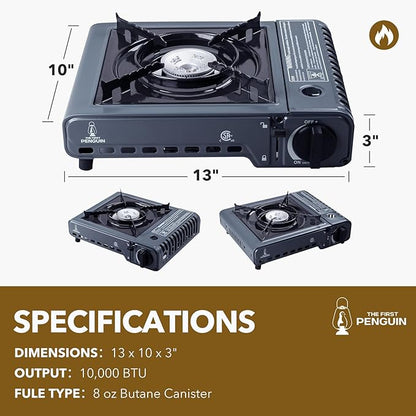 The First Penguin Portable Camping Stove - with Carrying Case 10,000 BTU Great for Emergency Preparedness Kit, High Power Butane Stove, Perfect for Camping, Hiking and Emergency-Black
