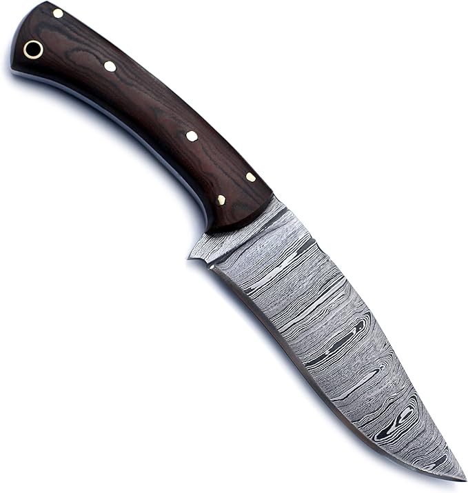 Handmade Damascus Steel Knife Bowie for Hunting, Survival,Camping,Bushcraft,Fishing,Fixed Blade with Recurve Full Tang Micarta Handle, Leather Sheath - WKD-776