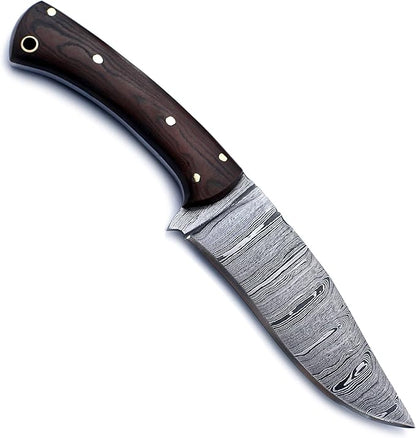 Handmade Damascus Steel Knife Bowie for Hunting, Survival,Camping,Bushcraft,Fishing,Fixed Blade with Recurve Full Tang Micarta Handle, Leather Sheath - WKD-776