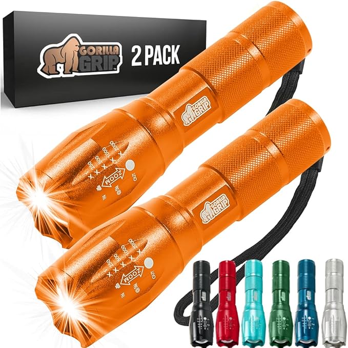 Gorilla Grip Powerful LED 750 FT Water Resistant 5 Adjustable Mode Tactical Flashlight, High Lumens Ultra Bright Battery Zoom Flashlights, Small Camping Car Mini Flash Light Accessories, 2 Pack Orange