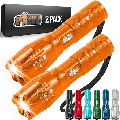 Gorilla Grip Powerful LED 750 FT Water Resistant 5 Adjustable Mode Tactical Flashlight, High Lumens Ultra Bright Battery Zoom Flashlights, Small Camping Car Mini Flash Light Accessories, 2 Pack Orange