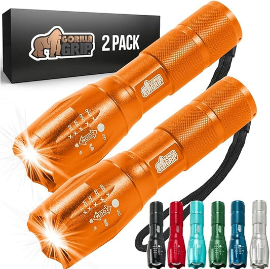 Gorilla Grip Powerful LED 750 FT Water Resistant 5 Adjustable Mode Tactical Flashlight, High Lumens Ultra Bright Battery Zoom Flashlights, Small Camping Car Mini Flash Light Accessories, 2 Pack Orange