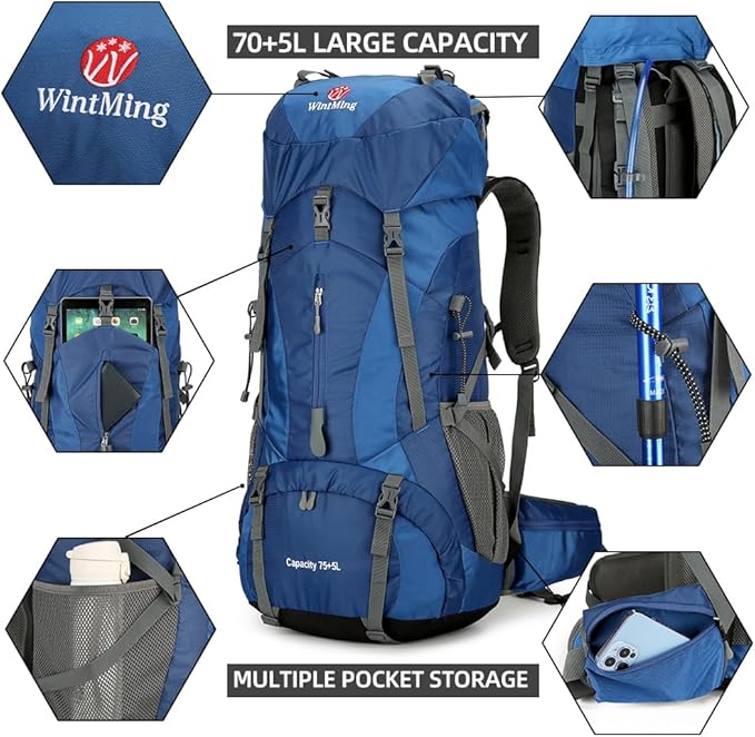 King'sGuard Hiking Backpack for Men and Women 70L+5L Waterproof Lightweight Camping Daypack with Rain Cover for Outdoor Travel Mountaineering - Frameless (Navy)