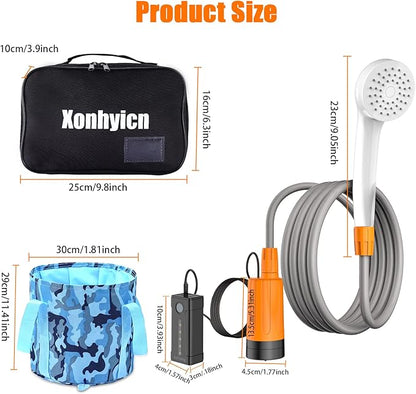 Portable Electric Shower Travel rain Shower Pump Camping Shower kit and 6.5 Gallon Folding Bucket for Indoor or Outdoor Shower car Cleaning pet Bath