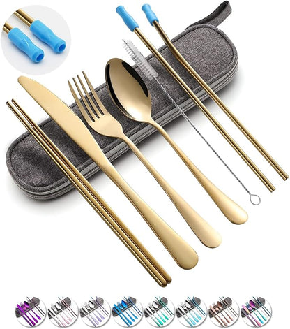 Travel Utensils Set with Case Reusable Portable Cutlery Set Stainless Steel 8pcs Including Dinner Knife Fork Spoon Chopsticks straws(Gold)