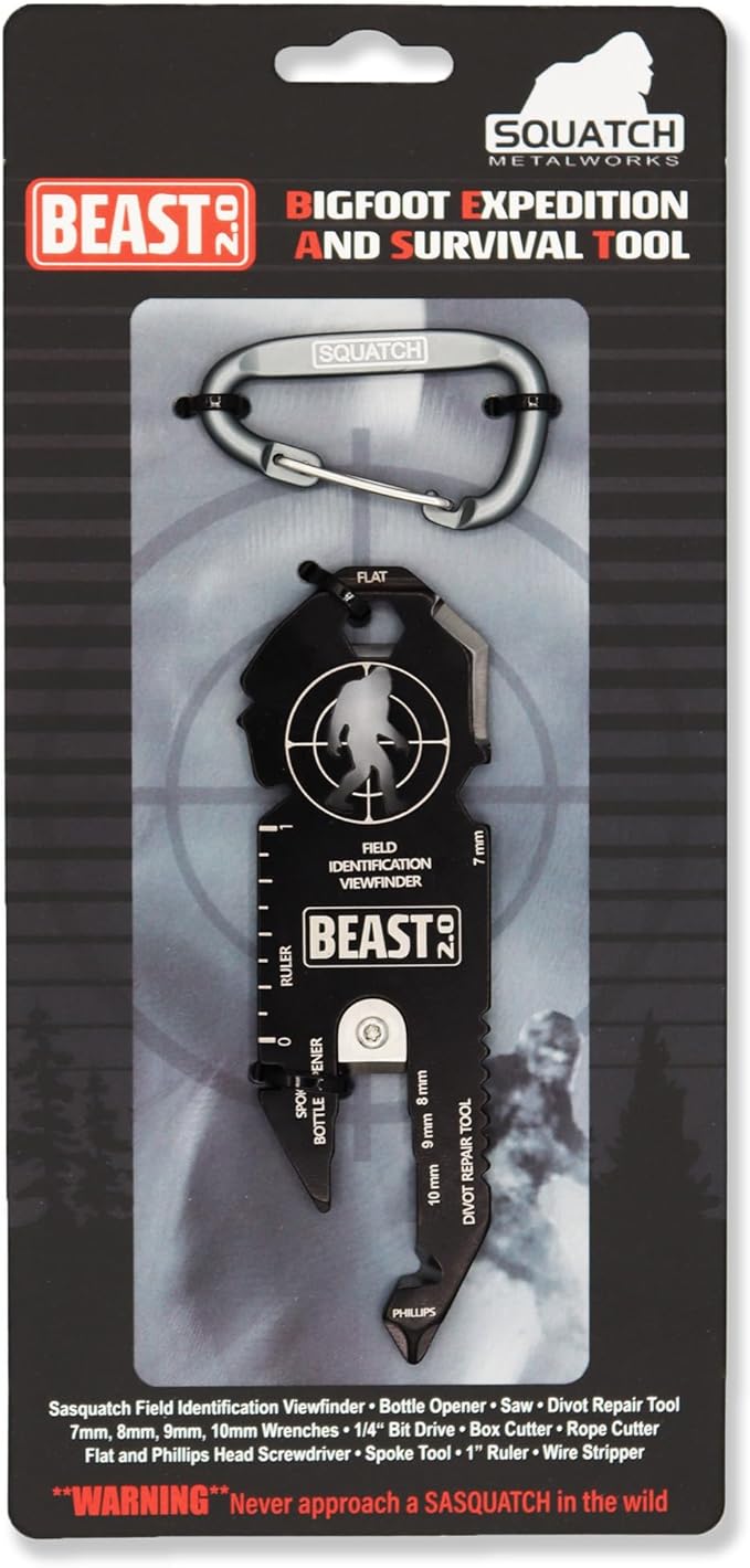 BEAST (Bigfoot Expedition and Survival Tool) Multi-Tool & Bottle Opener, Bigfoot gift for fans of Sasquatch, Yeti, Camping, Hiking - With Screwdriver, Wrench, Carabiner, Box Opener (BEAST 2.0 & BRUTE)